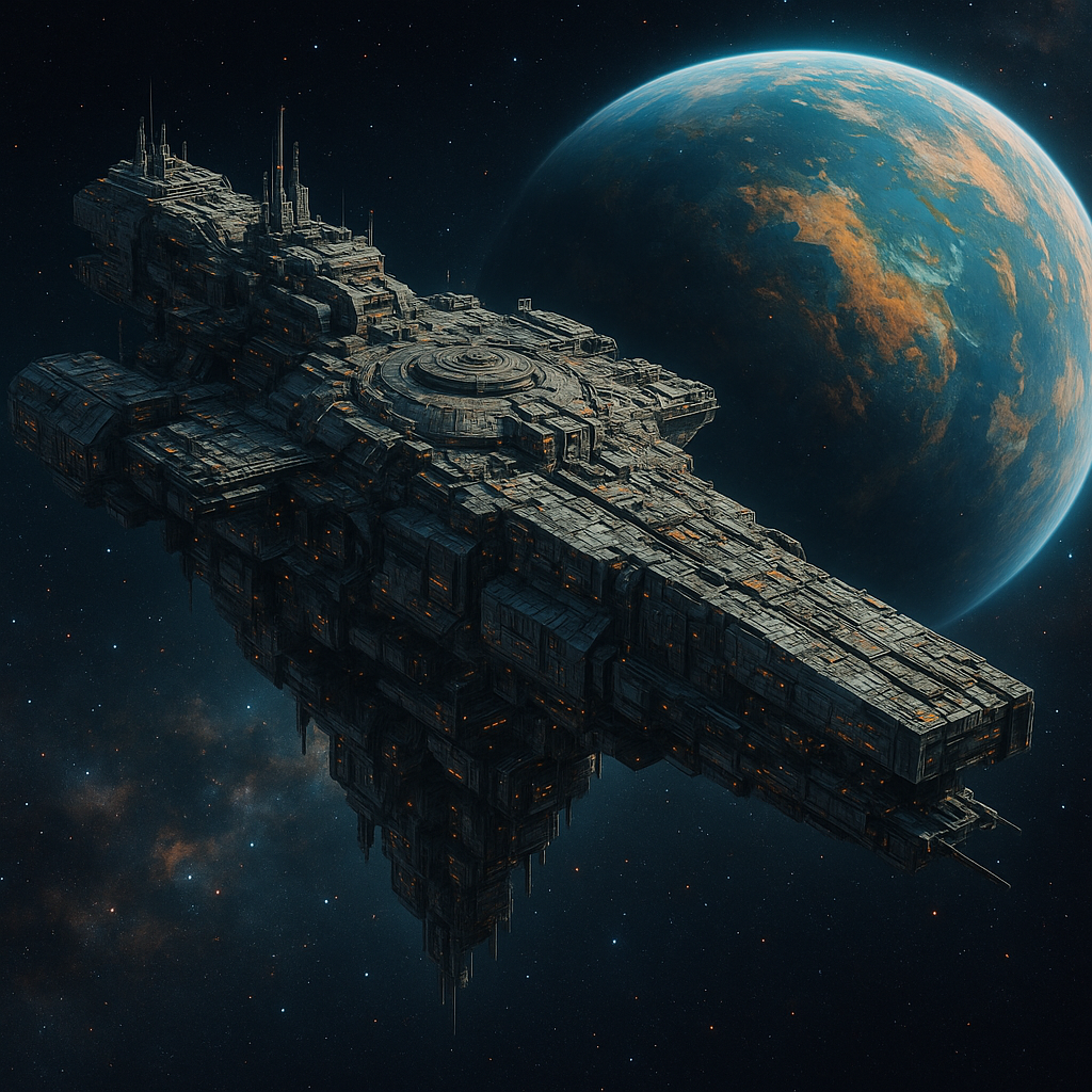 Massive spaceship hovering near a distant planet