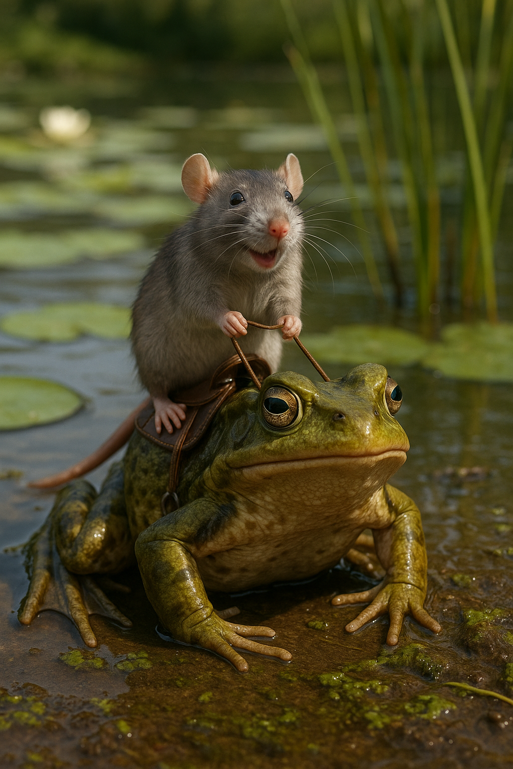 A happy rat riding an annoyed frog on a saddle at a pond