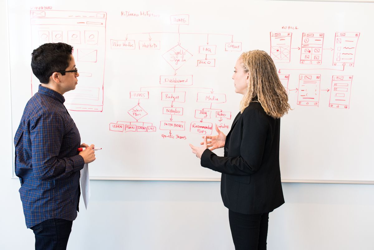 Two professionals brainstorming digital marketing ideas.