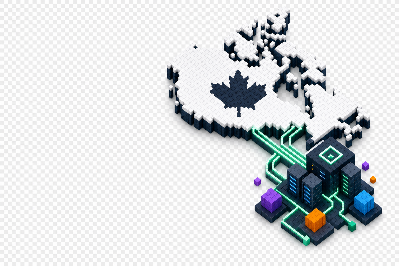 Your data stays in Canada: isometric Canada map connected to secure data server infrastructure.